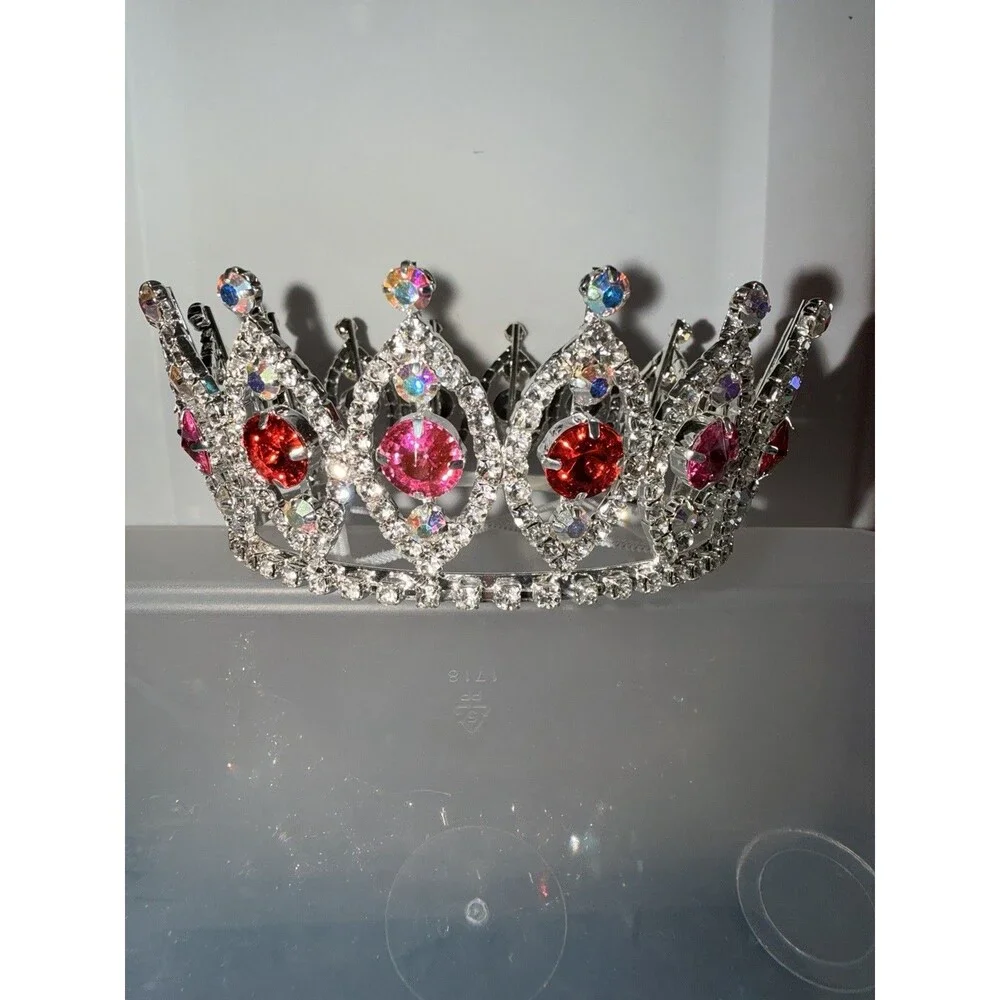 Miss Barbie World Pageant Crown Rhinestone White, Pink & Red Silver & Sash